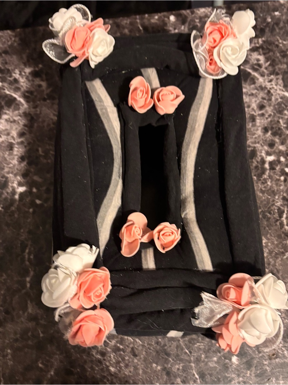 Black Fabric Tissue Box Cover with Peach & White Rose Accents